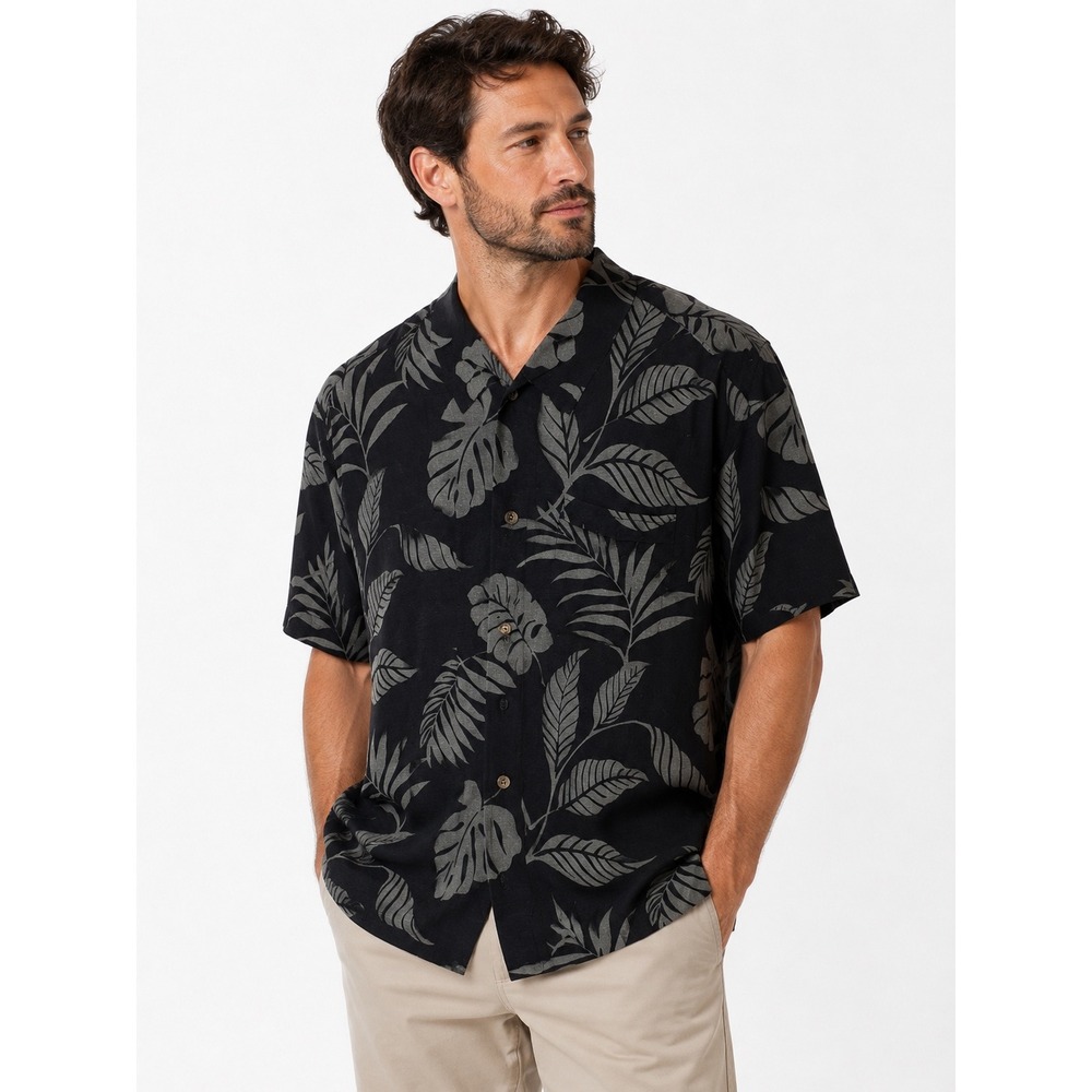 Jamaica Jaxx Silk Button Down‎ Mens Medium Black Grey Tropical Leaf Aloha Shirt